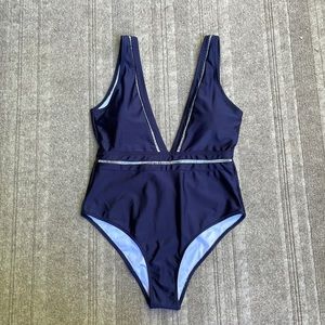 Cupshe Navy Blue & White Cutout Trim One Piece Plunging V-Neck Bathing Suit